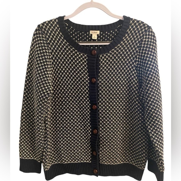 L.L. Bean Sweaters - L.L Bean Faux leather button cardigan navy/white ladies large petite 100% cotton